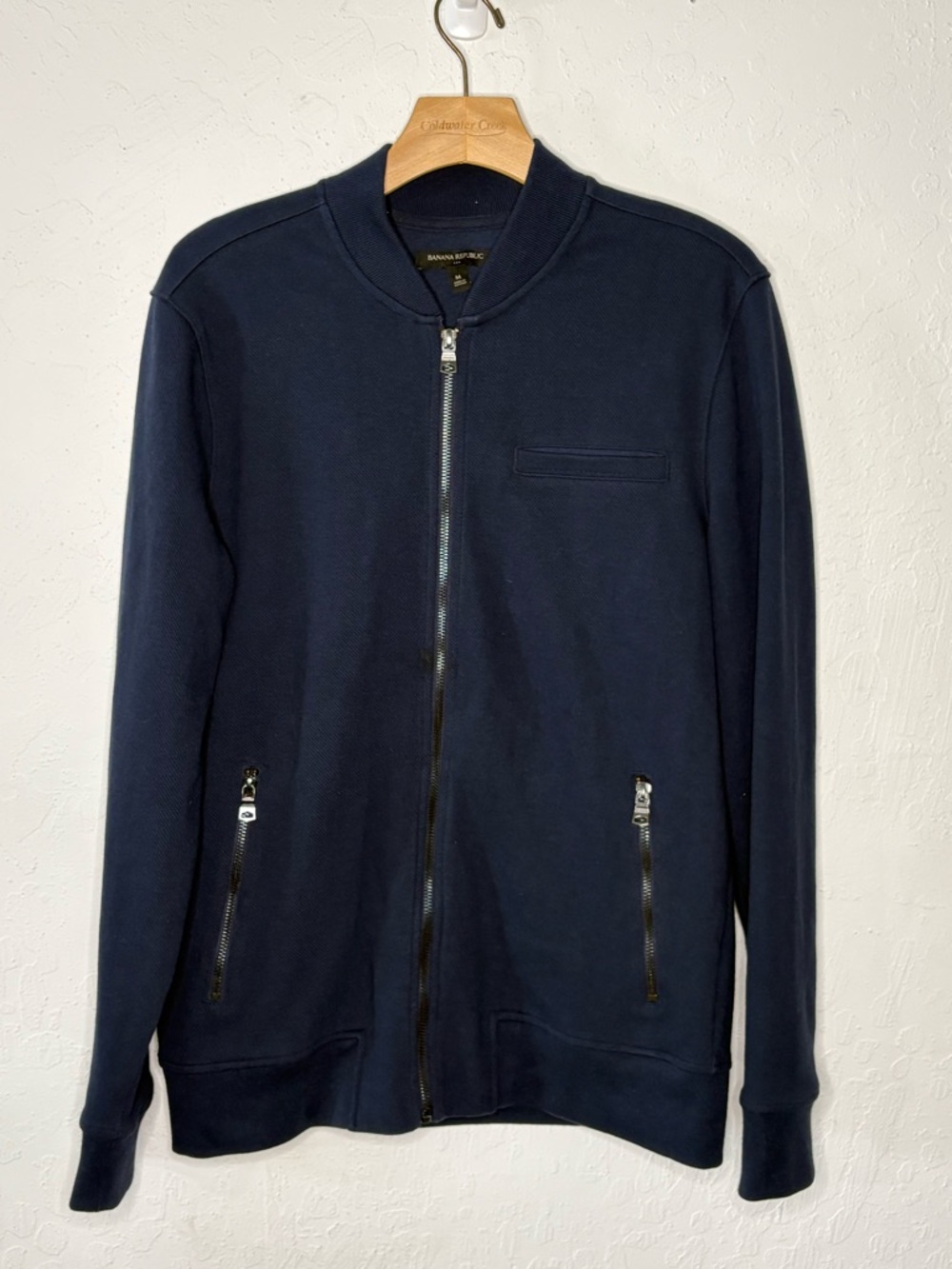 Banana Republic Sweater Jacket Mens M Bomber Cardigan Full Zip Navy Blue Pockets